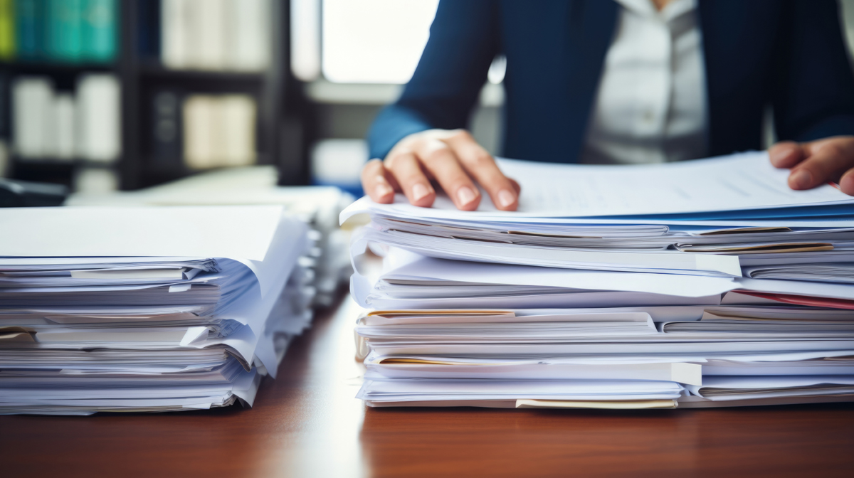 Businesswoman hands working in Stacks of paper files for searching information on work desk in office, business report papers,piles of unfinished documents achieves.Created with Generative AI technology.